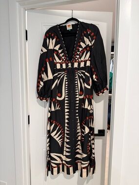 Farm Rio Black and Cream Geometric Button-Front Midi Dress with Rust Accents